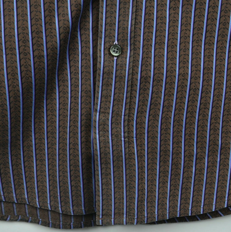 Robert Graham Men's Large Flip Cuff Brown Striped Designer Button-Front Shirt