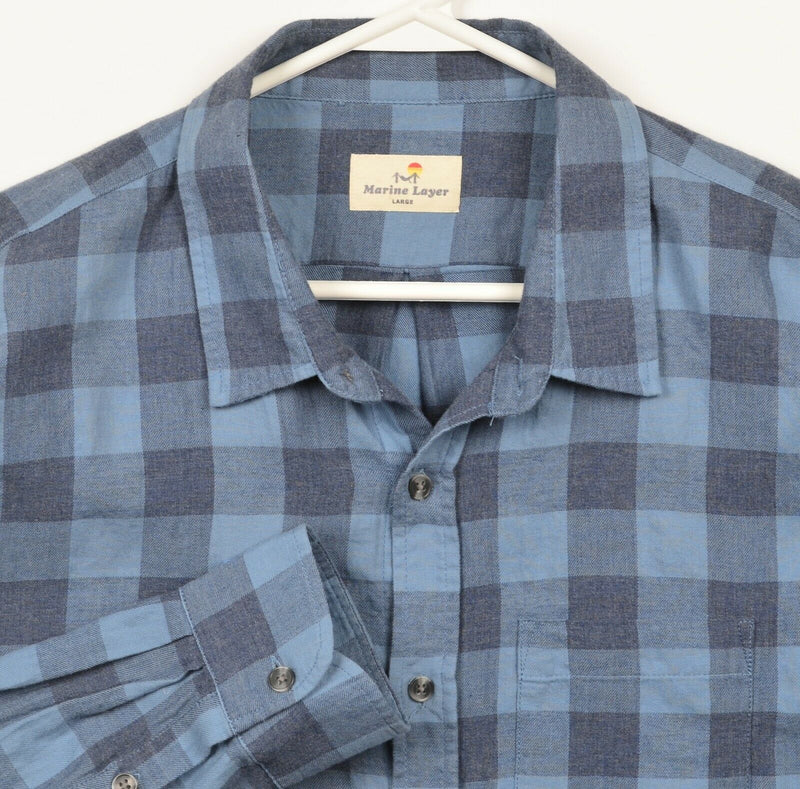 Marine Layer Men's Large Blue Navy Buffalo Plaid Check Casual Button-Front Shirt