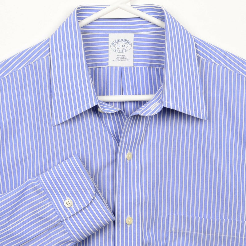 Brooks Brothers Men's 16-33 Slim Fit Blue Striped Non-Iron Classic Dress Shirt