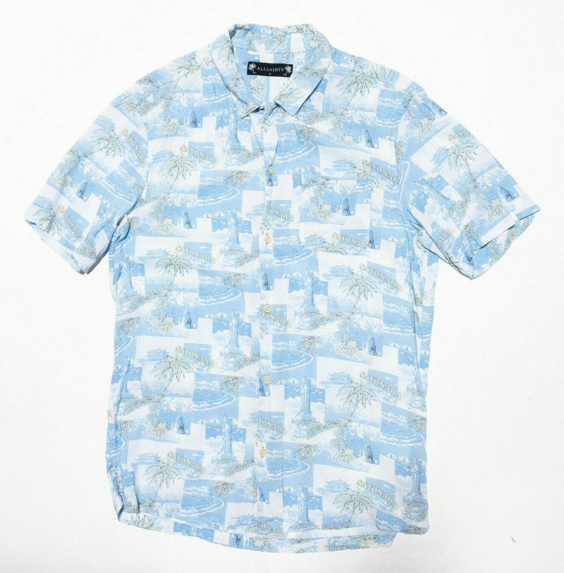 AllSaints Sayonara Shirt Men's Medium Blue Camp Collar Viscose Surf Palm Floral