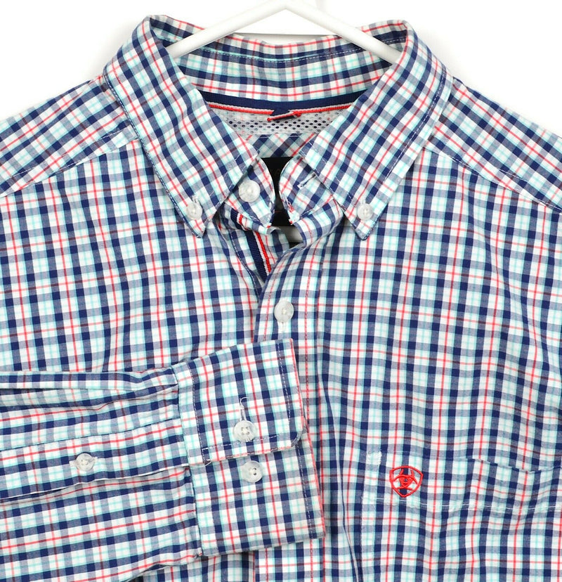 Ariat Pro Series Men's Medium Blue Red Plaid Rodeo Western Button-Down Shirt