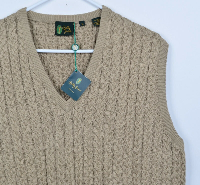 Bobby Jones Men's Sz Large Cable-Knit V-neck Tan Pullover Golf Sweater Vest NWT