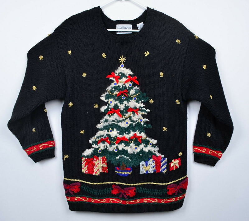 Vtg 90s Ugly Christmas Sweater Adult Sz Large Hand Knit Black Big Christmas Tree
