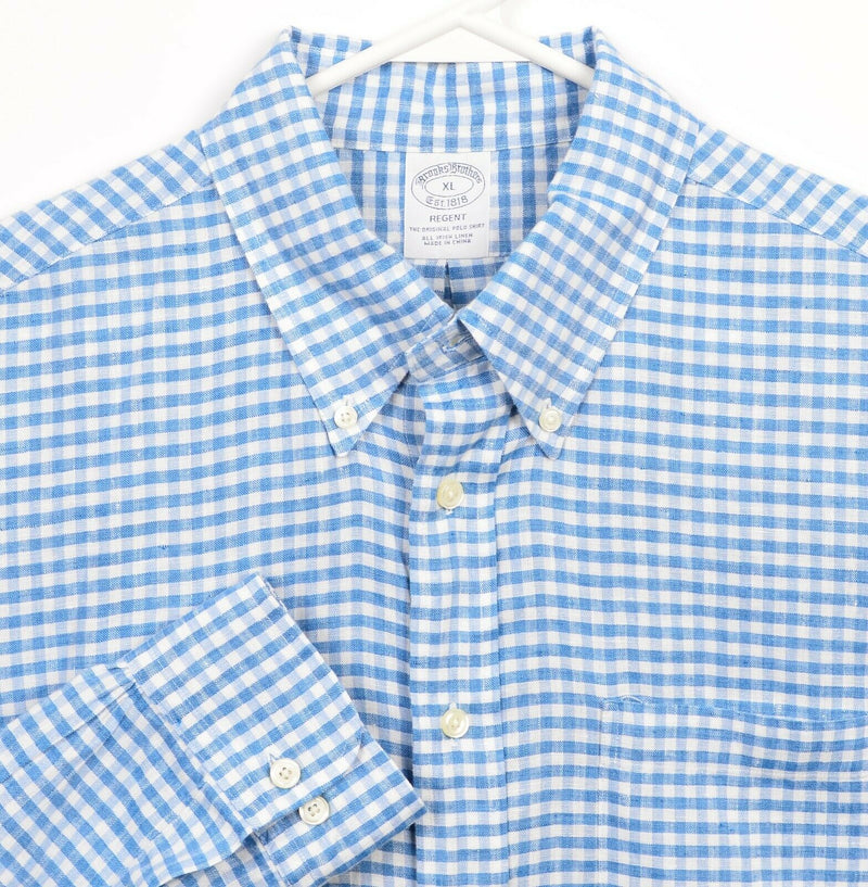 Brooks Brothers Men's XL Irish Linen Blue Gingham Check Regent Button-Down Shirt