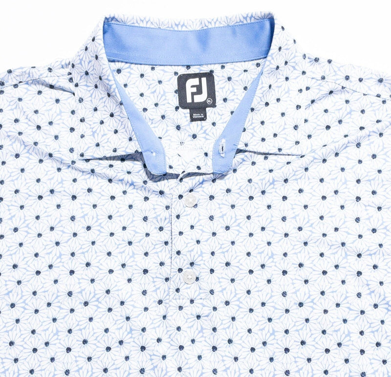 FootJoy Floral Golf Shirt Men's XL White Blue Daisy Wicking Performance Polo