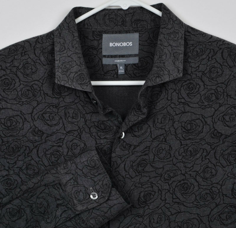 Bonobos Men's XL (Fits SHORT) Floral Roses Gray Button-Front Flannel Shirt