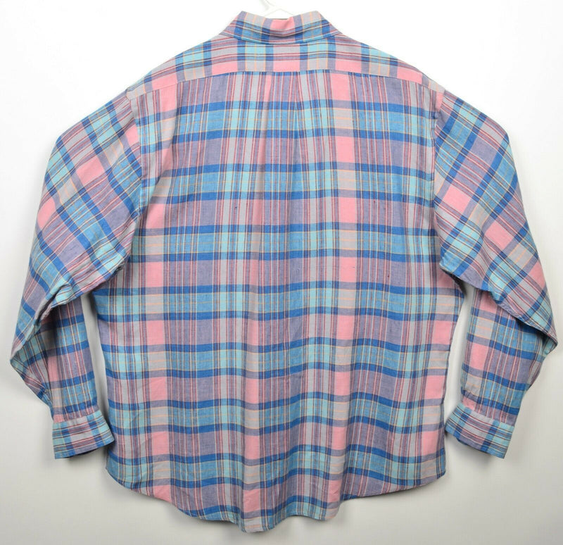 Brooks Brothers Men's XL Irish Linen Pink Blue Plaid Button-Down Regent Shirt