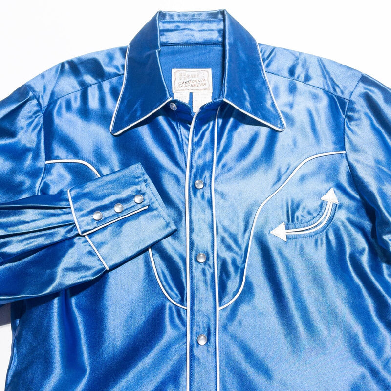 H Bar C Pearl Snap Shirt Men's 15 Smile Pocket Silk Satin Style Blue Vintage 70s