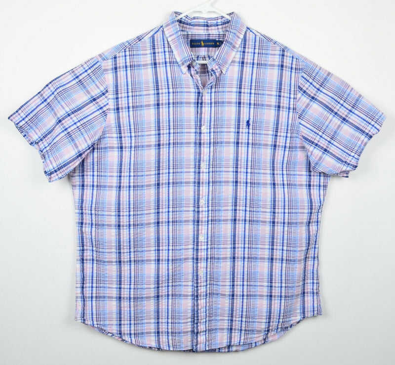 Polo Ralph Lauren Men's Sz XL Seersucker Navy Blue Pink Plaid Short Sleeve Shirt