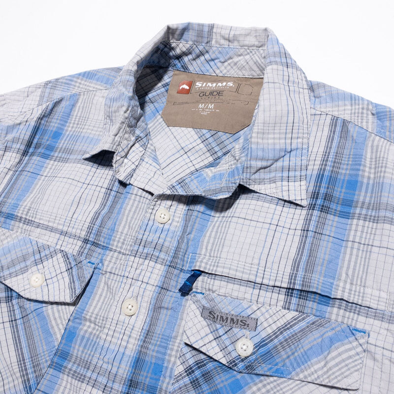 Simms Fishing Shirt Men's Medium Guide Series Button-Up Blue Gray Plaid Wicking