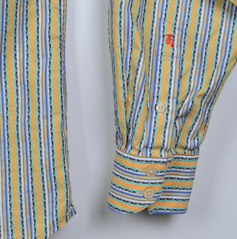 Robert Graham Men's Sz XL Flip Cuff Yellow Striped Geometric Embroidered Shirt