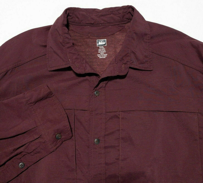 REI Hiking Shirt Button-Up 2XL Vented Men's Long Sleeve Mesh Maroon Purple
