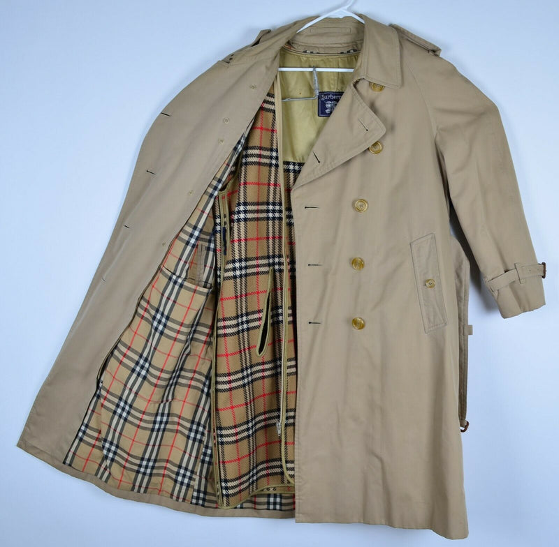 Vintage Burberry Men's 42S Nova Check Wool Removable Liner Khaki Trench Coat