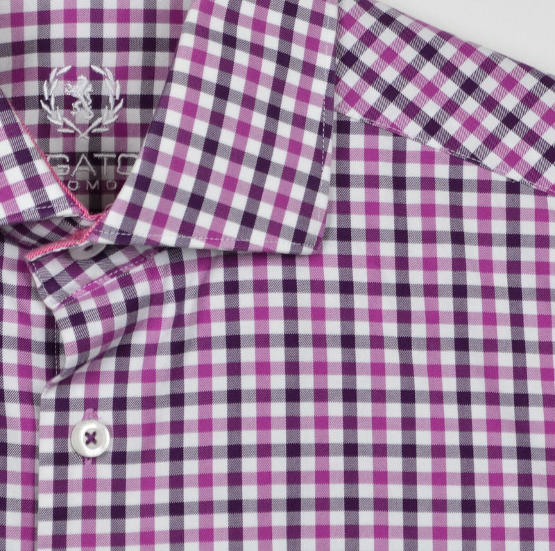 Bugatchi Uomo Men's Sz 15.5 Flip Cuff Pink Purple Plaid Check Long Sleeve Shirt