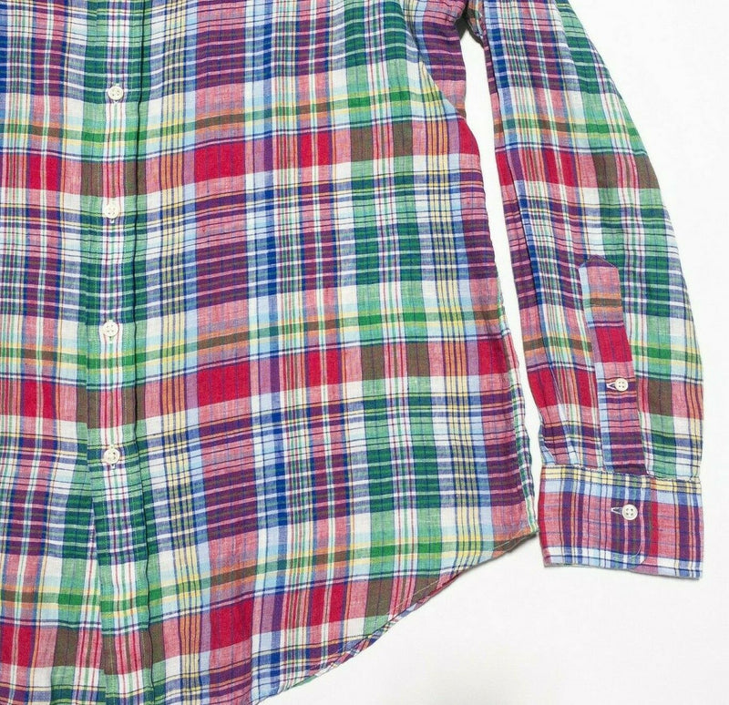 Polo Ralph Lauren Men's Large 100% Linen Multi-Color Red Green Blue Plaid Shirt