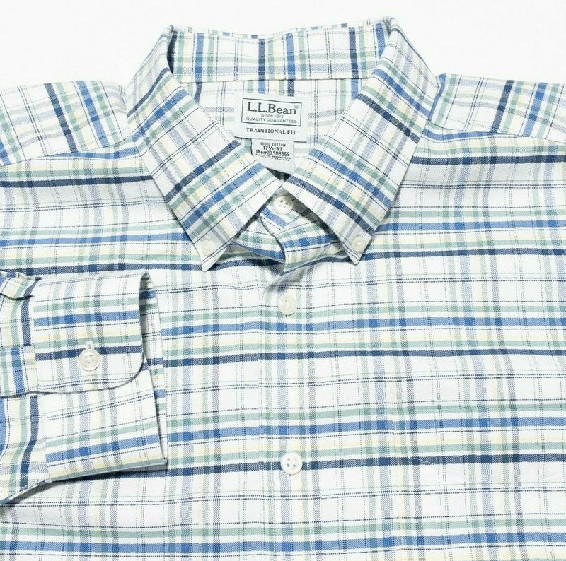 L.L. Bean Wrinkle-Free Classic Oxford Cloth Shirt Green Blue Plaid Men 17.5-33