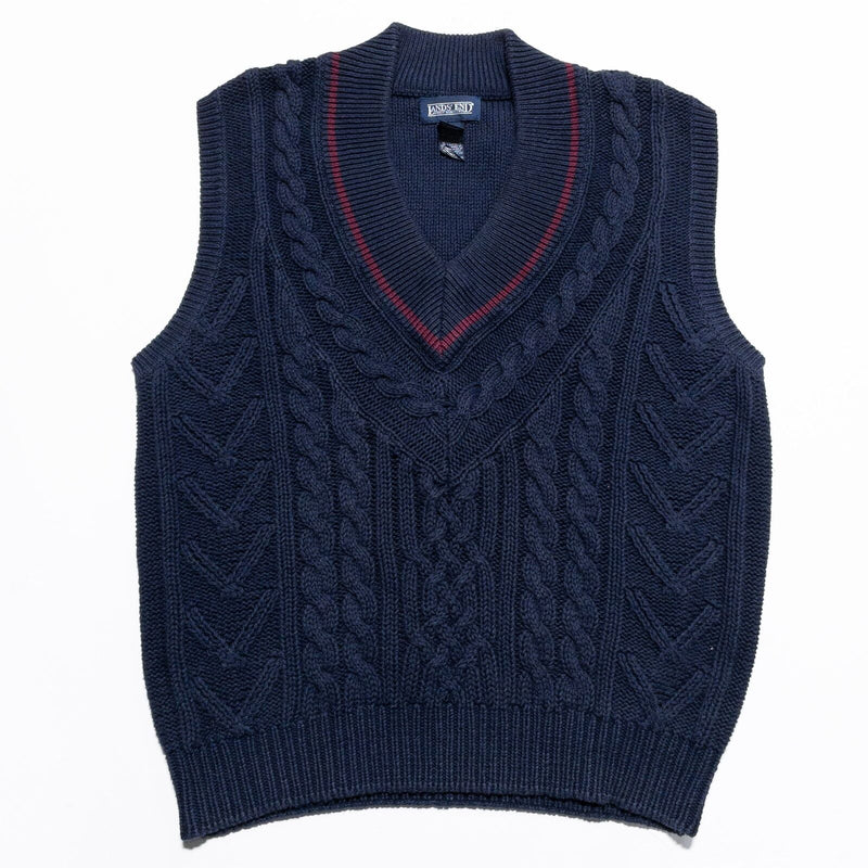 Lands' End Sweater Vest Men's Large Cable-Knit V-Neck Navy Blue Vintage Cricket