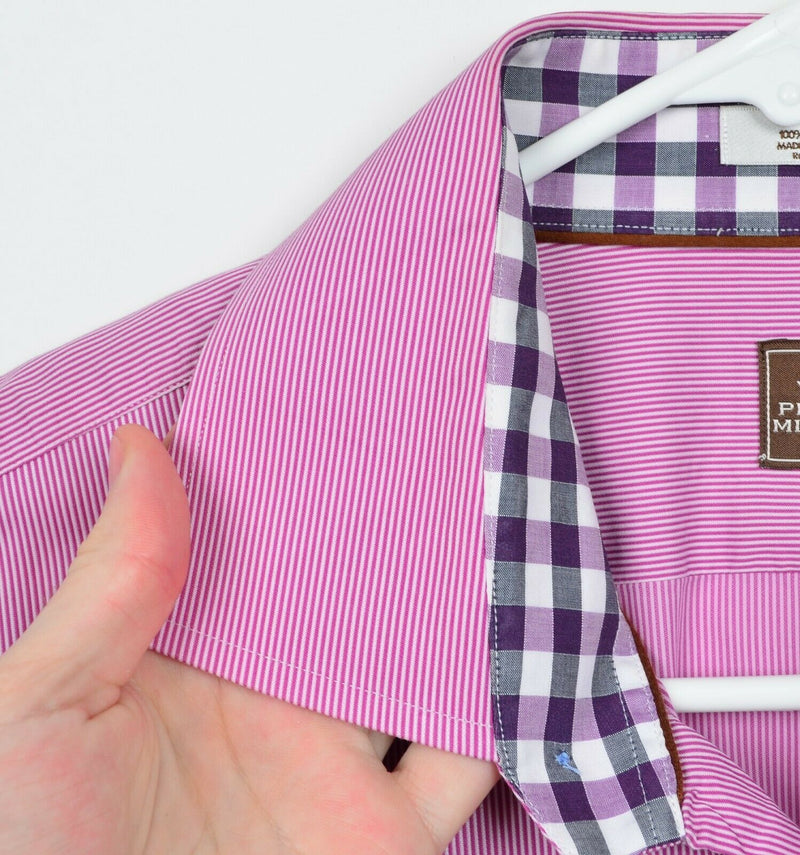 Peter Millar Men's Sz Large Flip Cuff Pink Micro-Striped Button-Front Shirt
