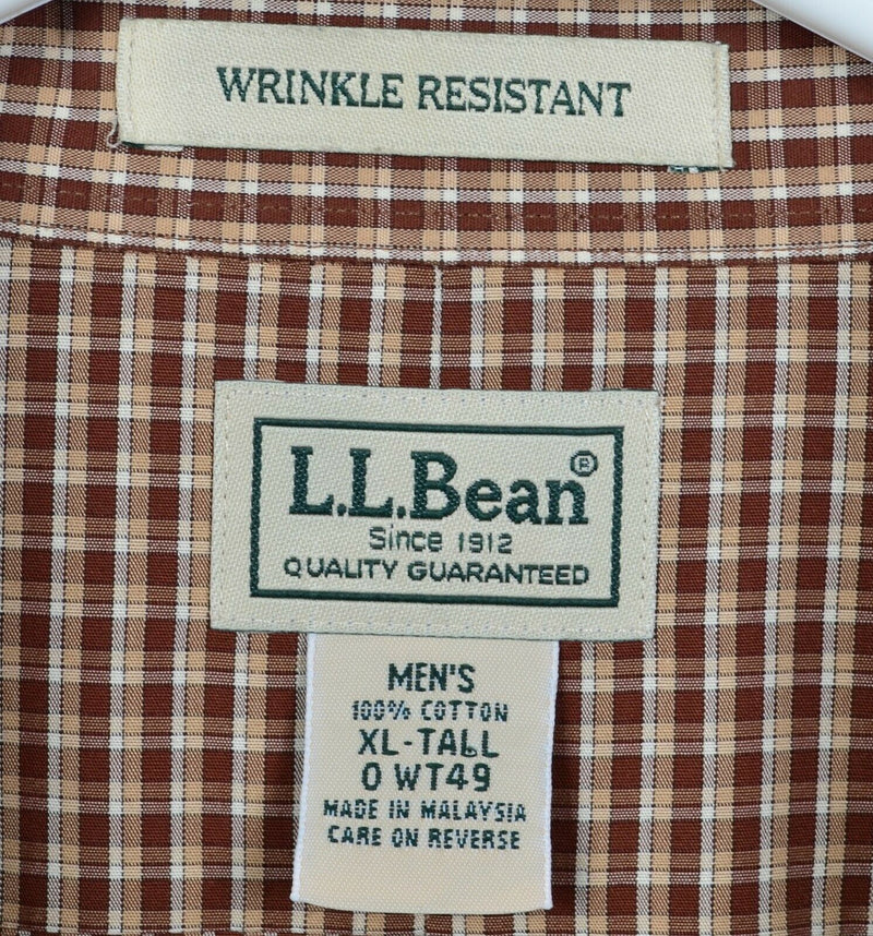 L.L. Bean Men's XLT (XL Tall) Wrinkle Resistant Tan Check Button-Down Shirt