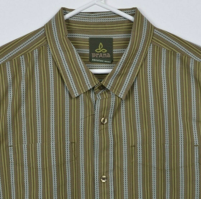 Prana Men's XL Green Striped Organic Cotton Polyester Short Sleeve Button Shirt