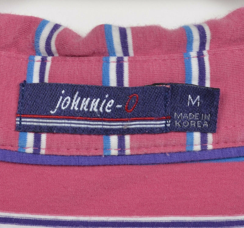 Johnnie-O Men's Medium Pink Striped Surfer Logo Preppy Pocket Polo Shirt