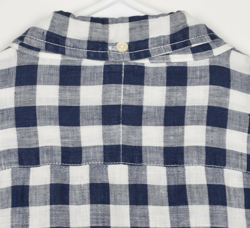 Club Monaco Men's Sz Large Slim Fit 100% Linen Blue White Buffalo Plaid Shirt