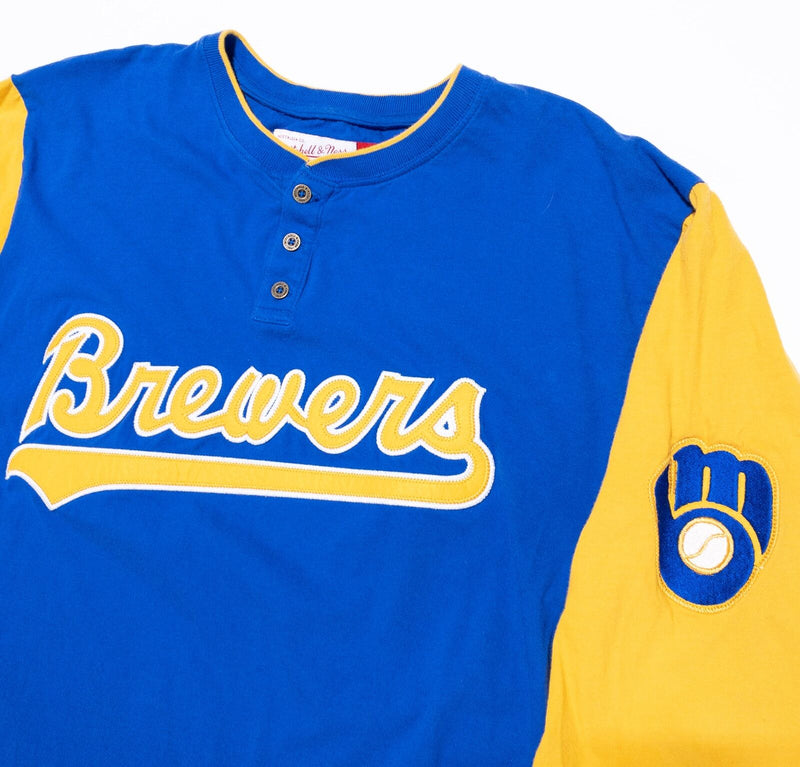 Milwaukee Brewers Mitchell & Ness T-Shirt Men Large Blue Henley 3/4 Sleeve Retro