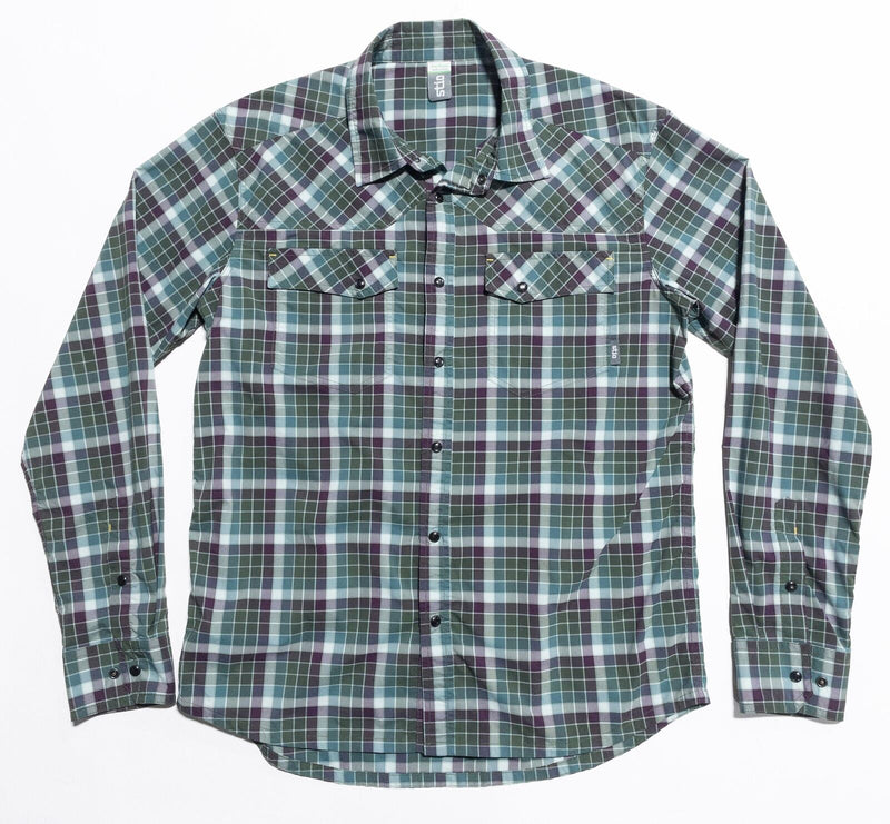 Stio Pearl Snap Shirt Men's Medium Nylon Wicking Green Check Long Sleeve