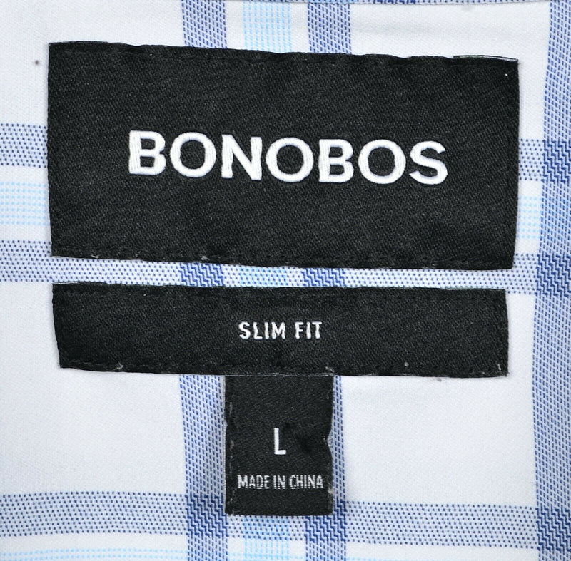 Bonobos Men's Large Slim Fit White Plaid Nylon Wicking Performance Dress Shirt