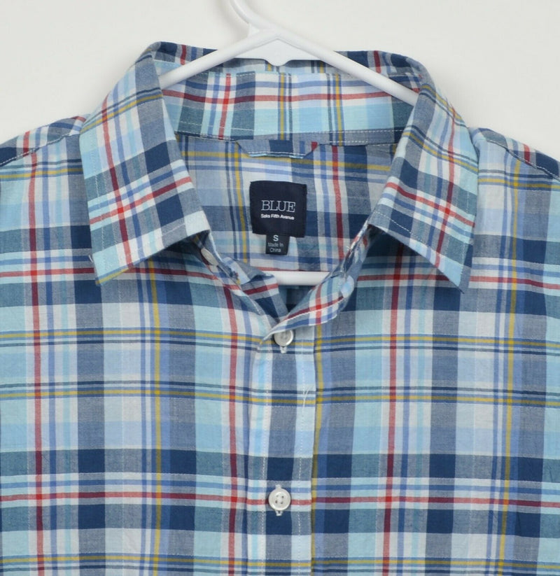 Blue Saks Fifth Avenue Men's Small Blue Plaid Cotton Spandex Short Sleeve Shirt