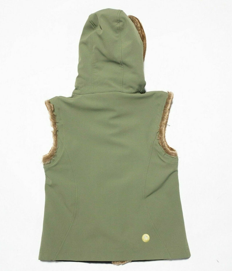 Marmot Vest Women's Medium Faux Fur Trim Hooded Green Soft Shell Full Zip
