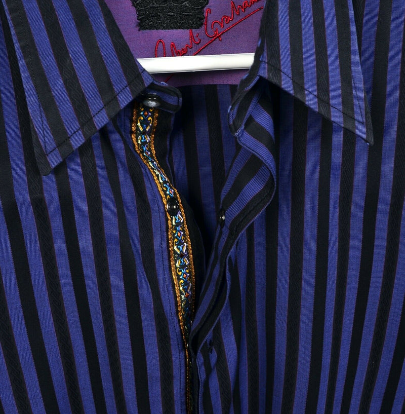 Robert Graham Men's XL Flip Cuff Blue Black Striped Snap-Front Crown Logo Shirt