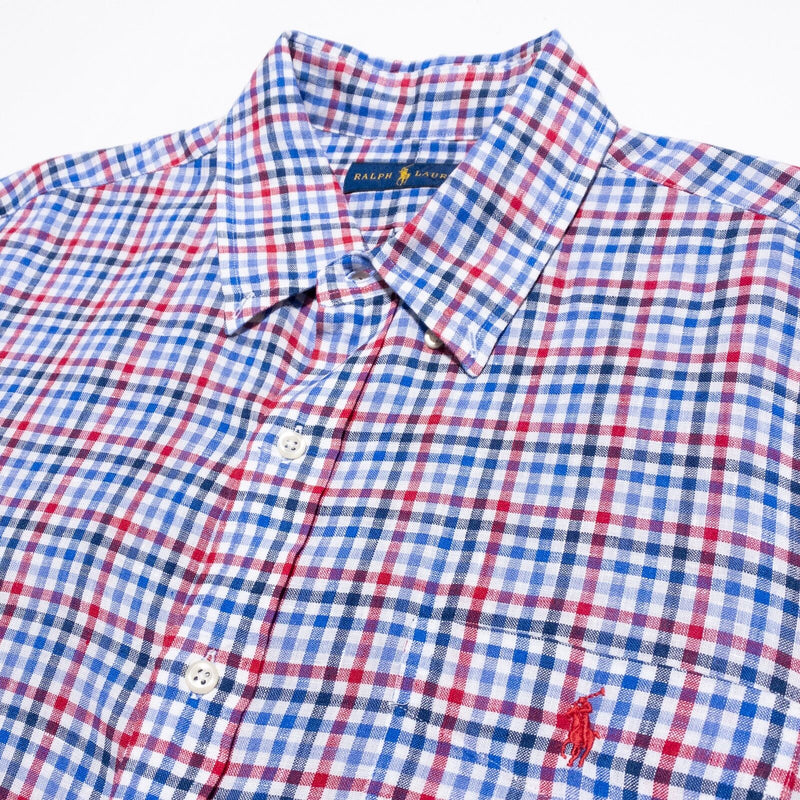 Polo Ralph Lauren Linen Shirt Men's Large Button-Up Long Sleeve Blue Red Check