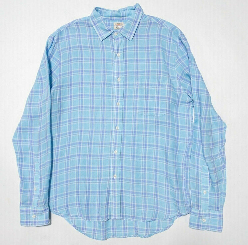 Faherty Linen Shirt Medium Men's Long Sleeve Blue Plaid Preppy Button-Front
