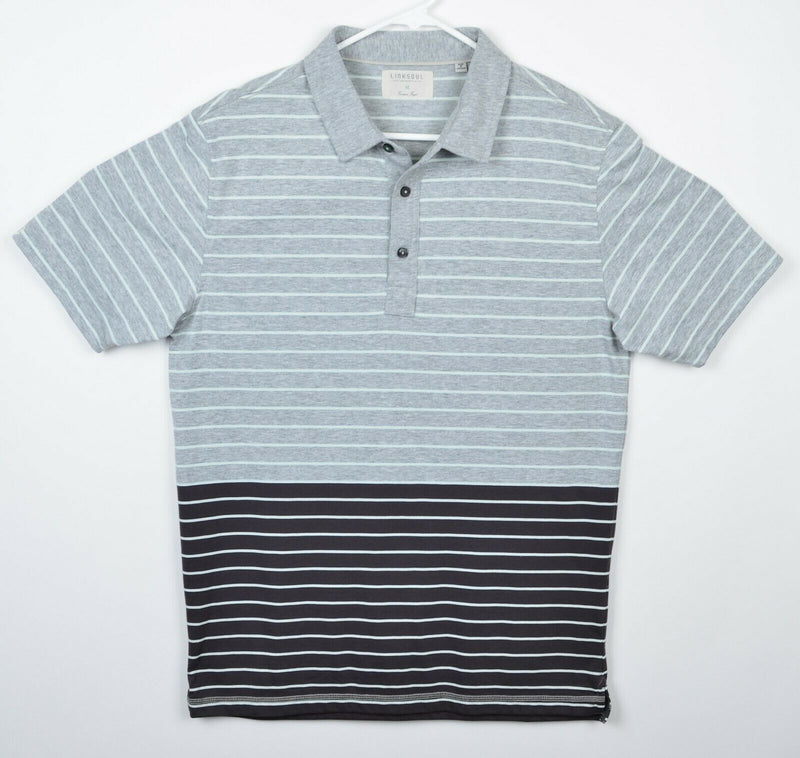 Linksoul Men's Sz Medium Gray Black Striped ColorBlock Golf Polo Shirt