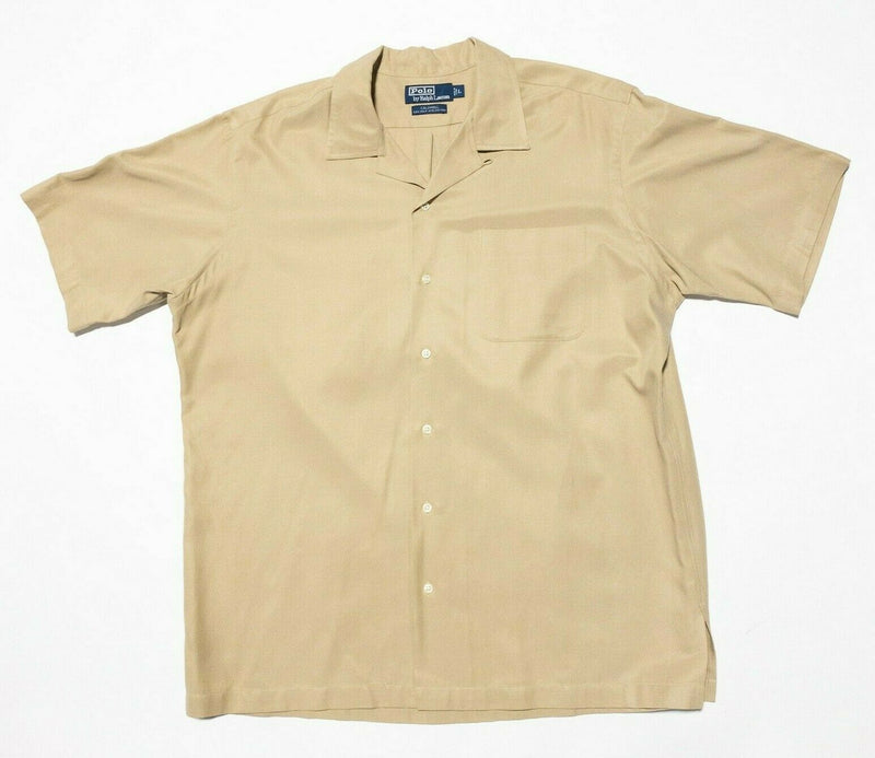 Polo Ralph Lauren Silk Caldwell Shirt Large Men Beige 90s Loop Collar Camp Shirt