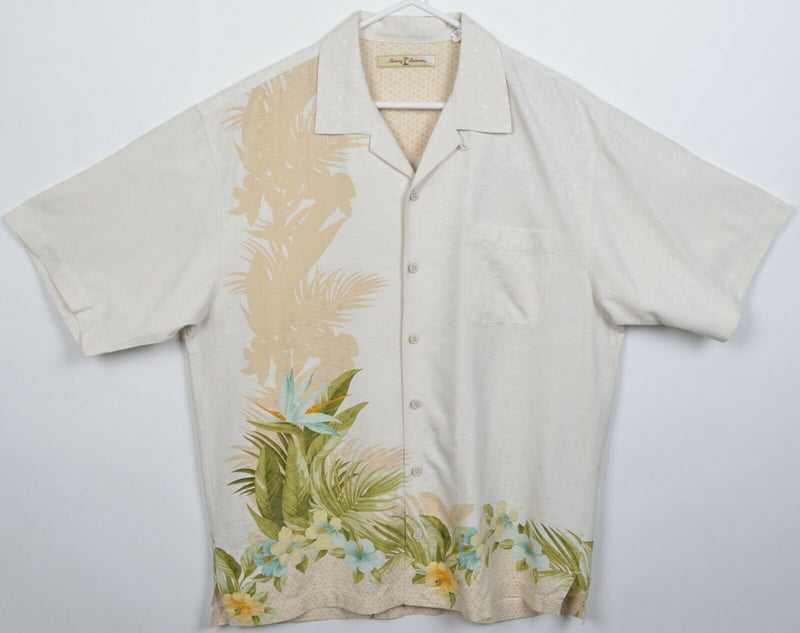 Tommy Bahama Men's Medium 100% Silk Floral Cream Hawaiian Aloha Camp Shirt