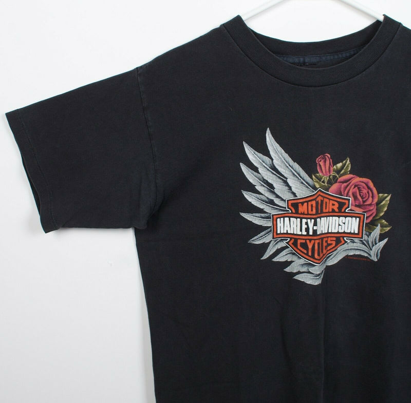 Vintage 90s Harley-Davidson Men's M/L Roses Logo Black Graphic T-Shirt