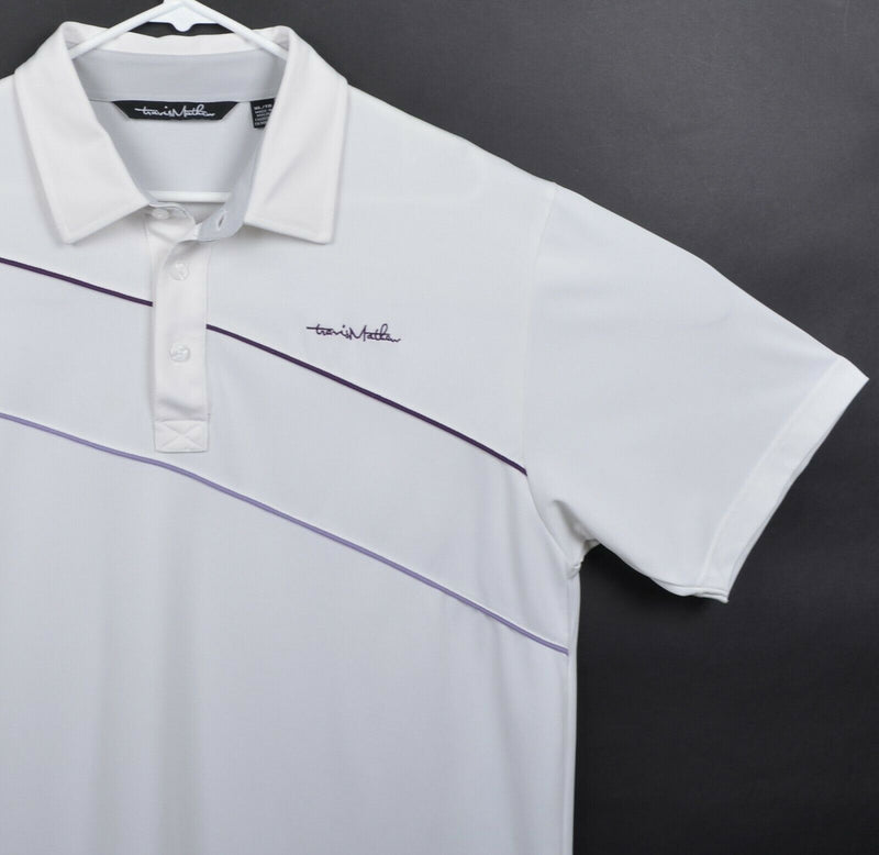 Travis Mathew Men's Sz XL White Purple Striped Logo Polyester Golf Polo Shirt