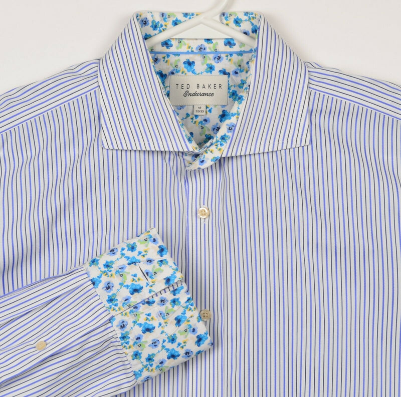 Ted Baker Endurance Men's 17 32/33 French Cuff Floral Blue Striped Dress Shirt