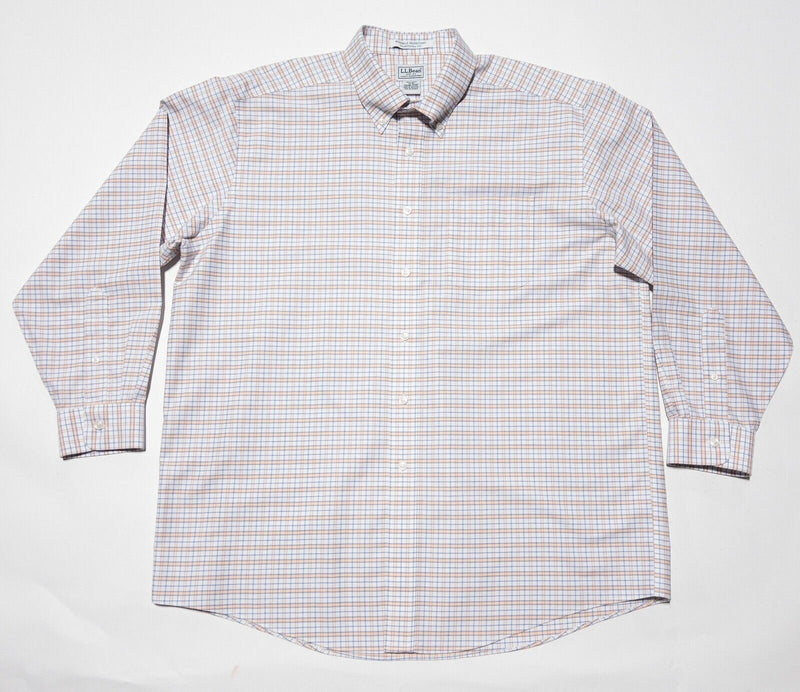 L.L.Bean Men's 17-33 Wrinkle-Free Classic Oxford Cloth Shirt White Orange Plaid