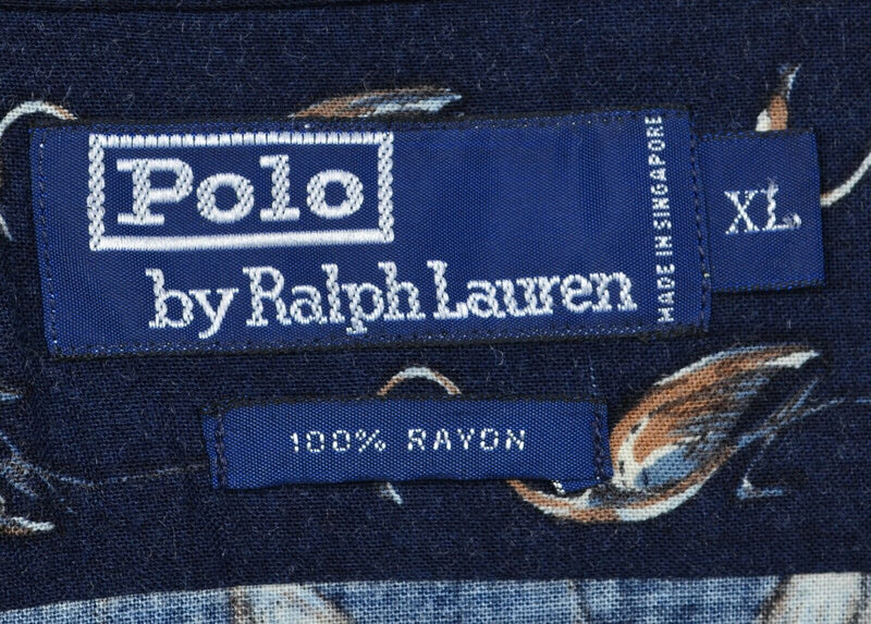 Vtg Polo Ralph Lauren Men's Sz XL 100% Rayon Flamingo Navy Blue Camp Shirt