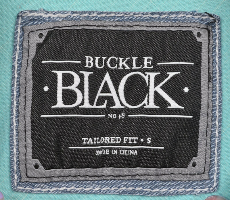 Buckle Black Men's Small Tapered Fit Pearl Snap Flip Cuff Aqua Blue Shirt