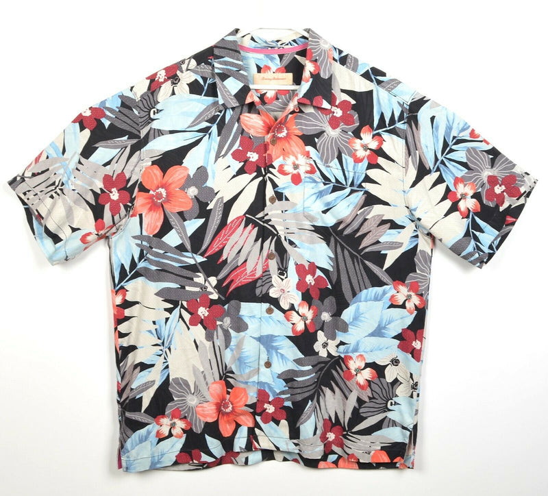 Tommy Bahama Men's Large 100% Silk Floral Multicolor Red Gray Hawaiian Shirt