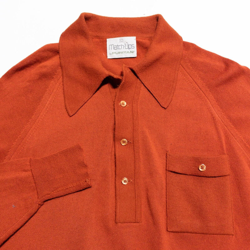 Vintage 70s Puritan Knit Polo Men's Large Long Sleeve Match-Ups Ban Lon Orange