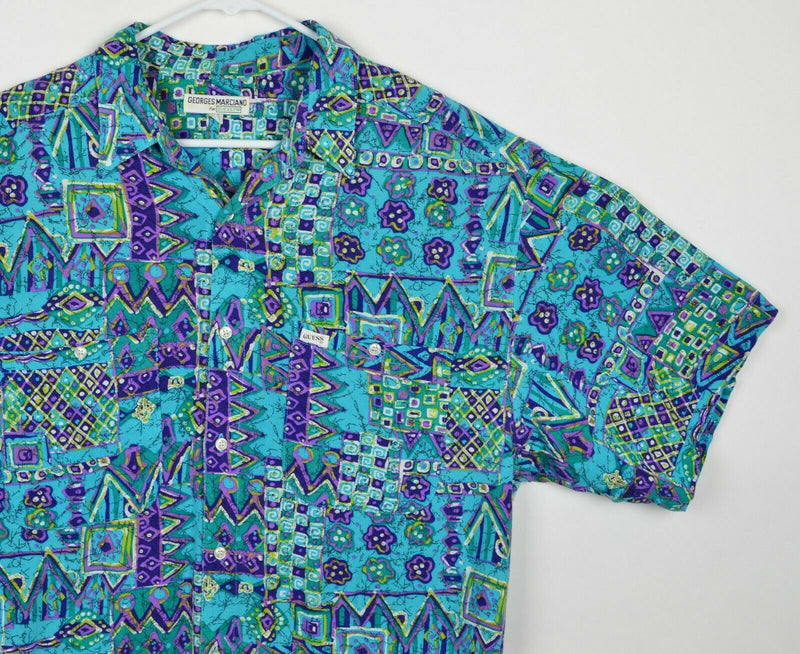 Vtg 90s GUESS? Men's Sz 2 XL Georges Marciano Rayon Geometric Hawaiian Shirt