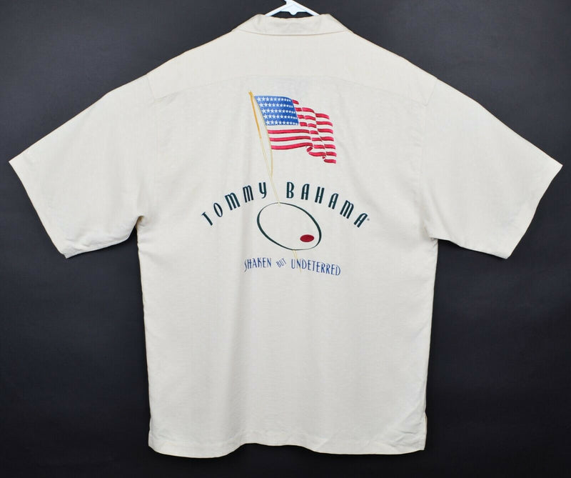 Tommy Bahama Men's Medium 100% Silk Embroidered USA Flag Shaken But Undeterred