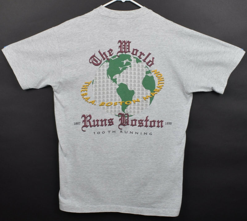 Vtg 1996 Boston Marathon Men's Sz Large 100th Running World Gray Graphic T-Shirt