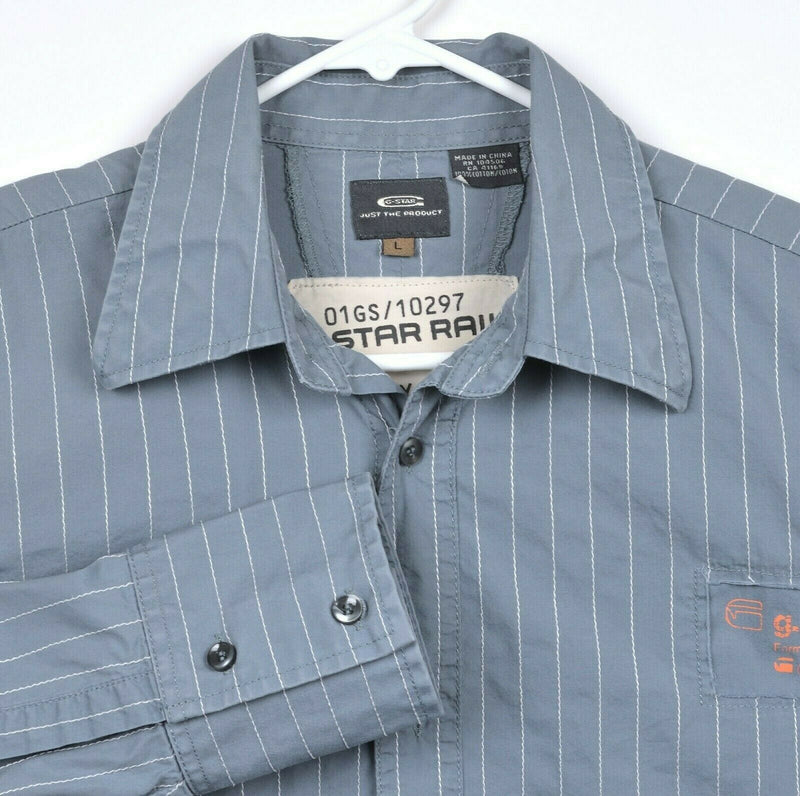 G-Star Raw Men's Sz Large Blue Striped Long Sleeve Button-Front Shirt