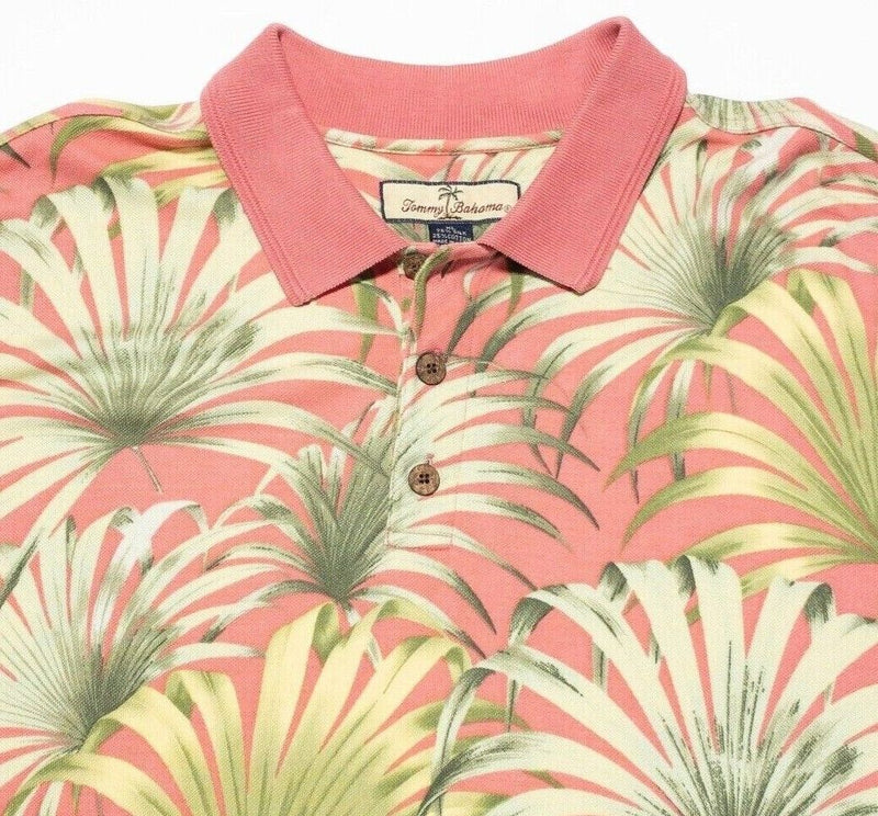 Tommy Bahama Silk Polo Shirt XL Men's Floral Palm Print Pink Green Short Sleeve